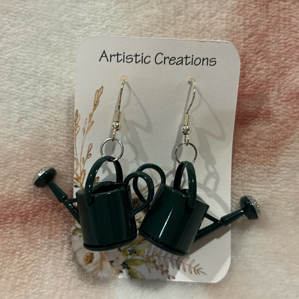 Forest Green Metal Watering Can Pierced Fashion Earrings NWT Handcrafted 1x1.75”